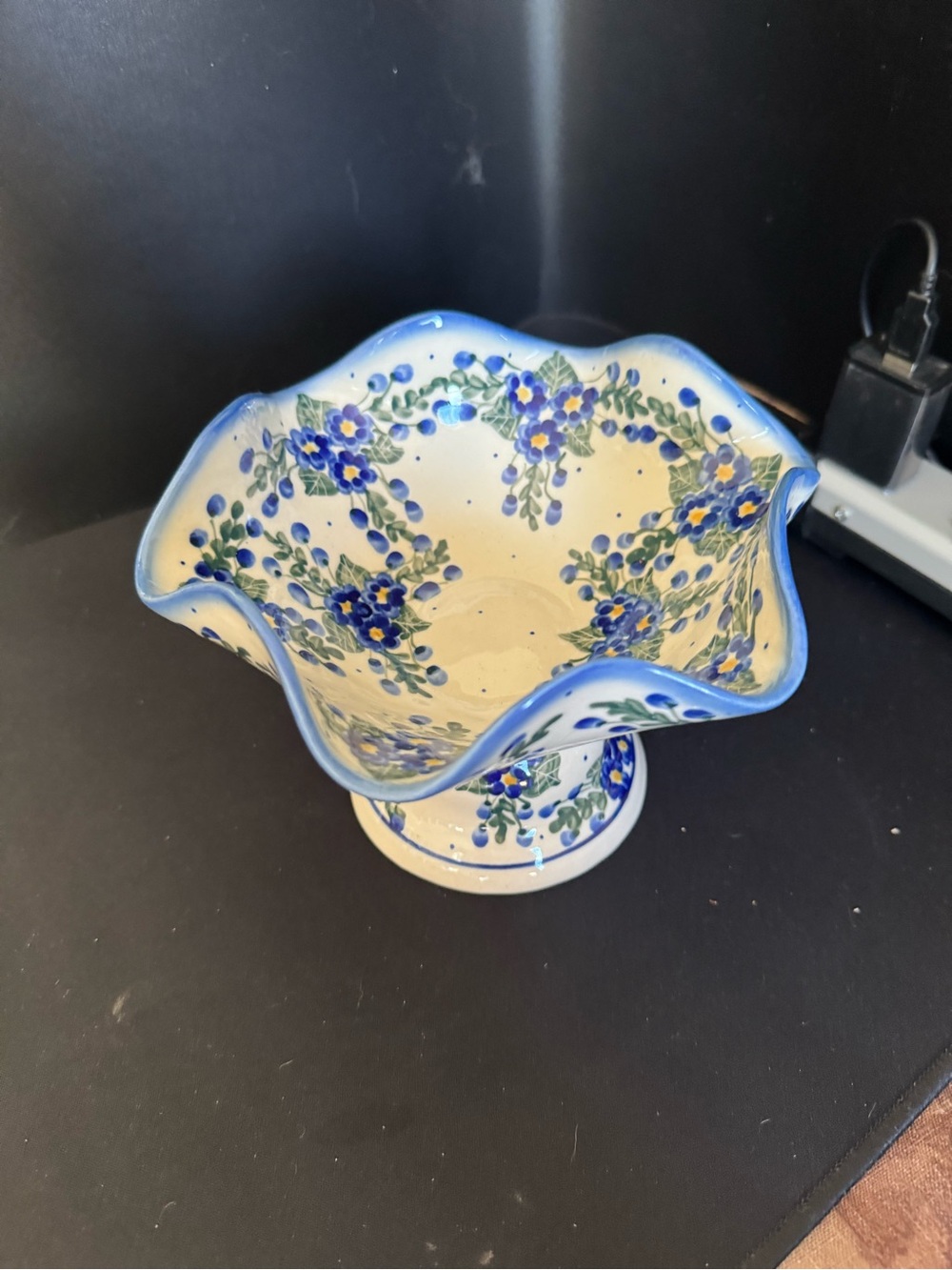 Vintage Polish Pottery Pedestal Bowl Ruffle Edge Floral And Vines Fruit Bowl